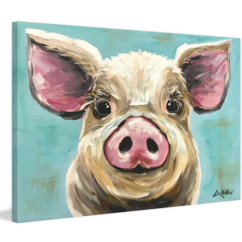 Rosey The Pig On Turquoise by Hippie Hound Studios - Wrapped Canvas Painting, 41 cm H x 61 cm W