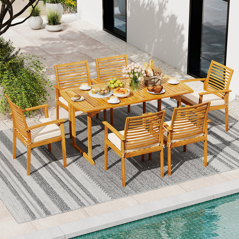 7-Piece Patio Dining Set Outdoor Acacia Wood Table & 6 Armchairs w/Umbrella Hole