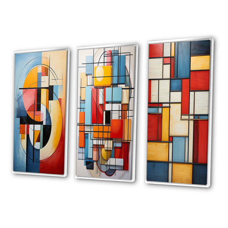 «Geometric Abstraction Focus I», ensemble de 3 impressions, Cadre blanc, H 32 po x l 48 po