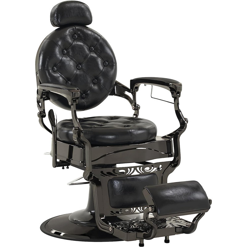 Fauteuil de coiffeur inclinable en métal robuste, Similicuir noir, Gris
