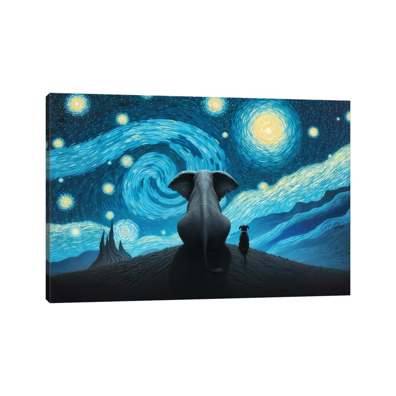 Elephant And Dog Looking At Starry Night by Mike Kiev - Wrapped Canvas Gallery-Wrapped Canvas Giclée, 45.72 cm H x 66.04 cm W