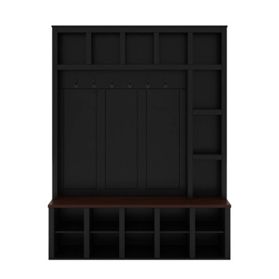 Wooden Hall Tree With 6 Hooks & Shoe Cabinet, 4-In-1 Entryway Storage With 13 Cubbies, Adjustable Shelves