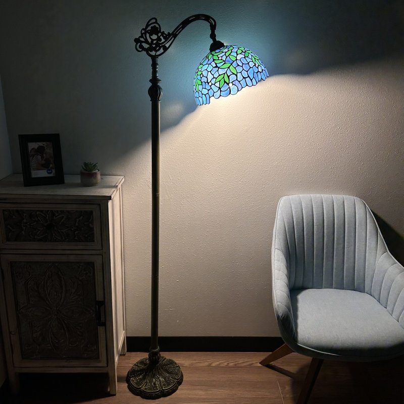 Pinerolo Tiffany Floor Lamp Stained Glass Green Leaves Gooseneck Adjustable LED Bulb Included 20"W*12"D*63"H, Blue/Green
