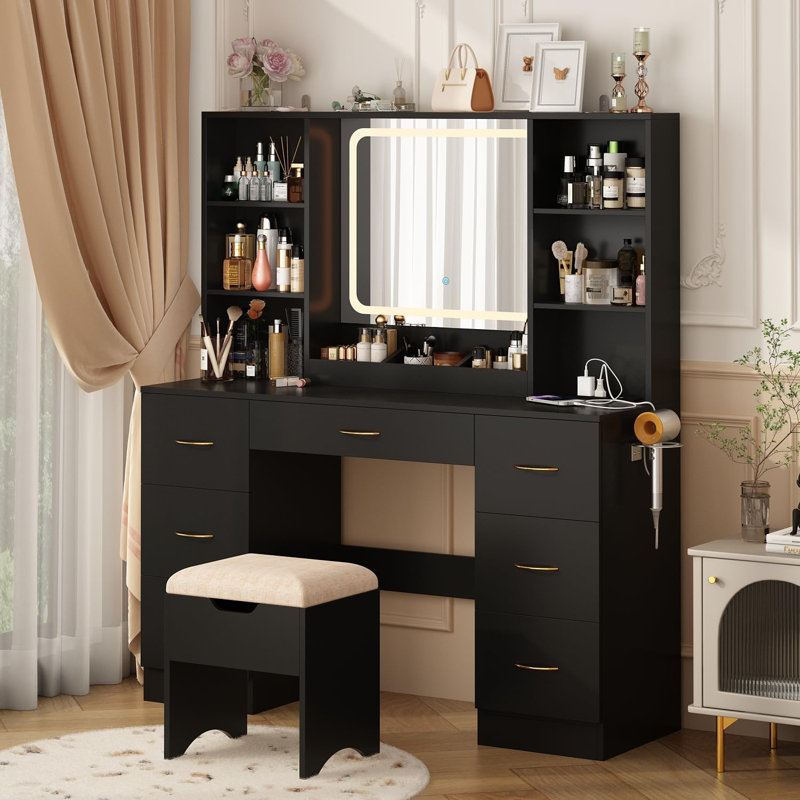 47"  Vanity Desk with LED Lighted Mirror,Drawers & Cabinets, Makeup Table with Power Outlet,  Adjustable Lighting Modes