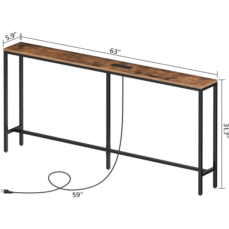 Console rustique avec station de charge Table de canapé étroite derrière le canapé avec prises et ports USB, Brun