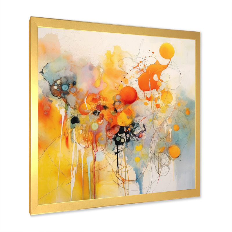 Orange and Yellow Color Whirls III - Abstract Minimalism Canvas Wall Art, Gold Single Picture Framed, 12" H x 20" W x 1" D