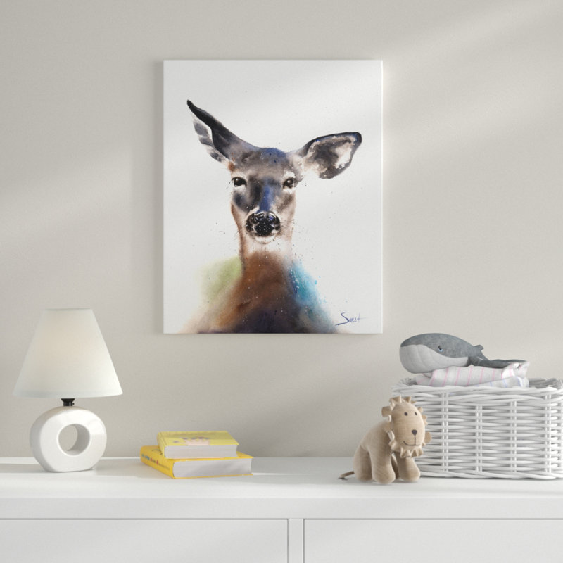 Aquarelle cerf, H 14 po x l 11 po x P 0,75 po, Toile tendue