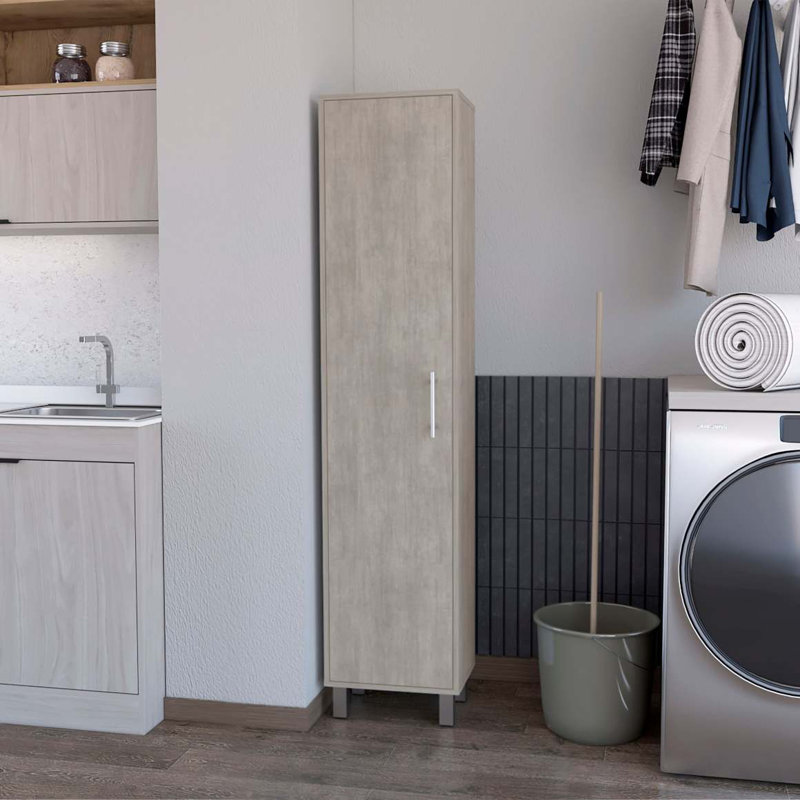 3 Broom Hangers Tall Storage Cabinet, Gray