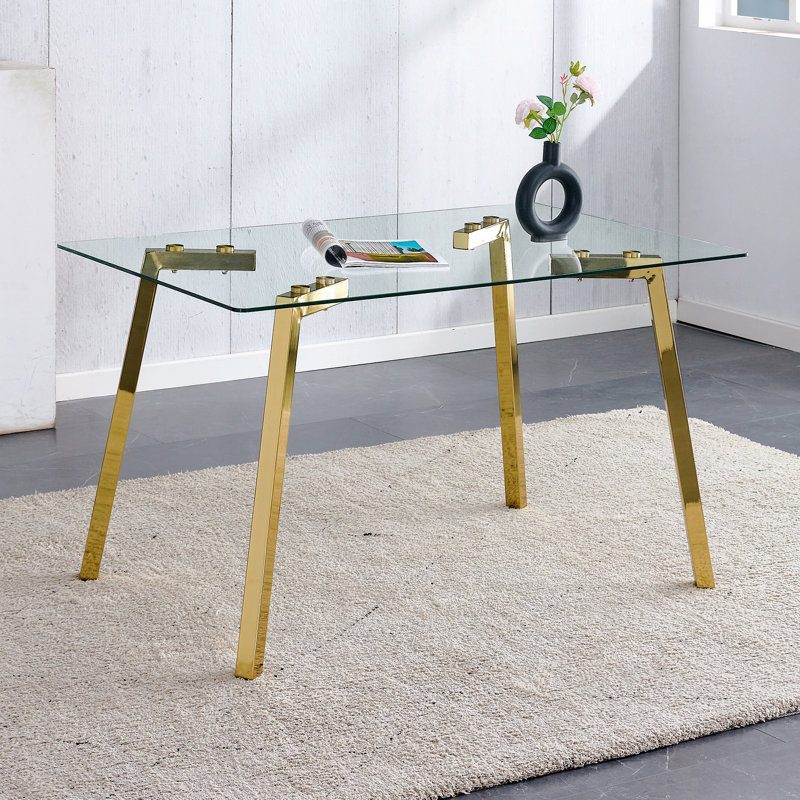 Modern Minimalist Rectangular Dining Table Tempered Glass Top Golden Metal Legs, 29.5" H x 51" W x 31.5" D, Gold