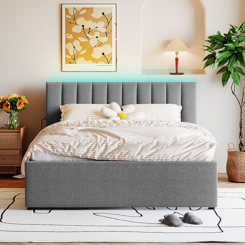 Lit plateforme tapissier, Gris, Grand lit