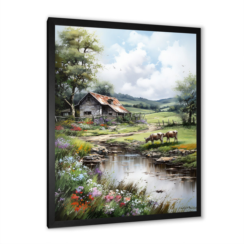 «Relaxing Farm Charm» - Art mural ferme, Cadre simple noir, H 32 po x l 24 po x P 1 po