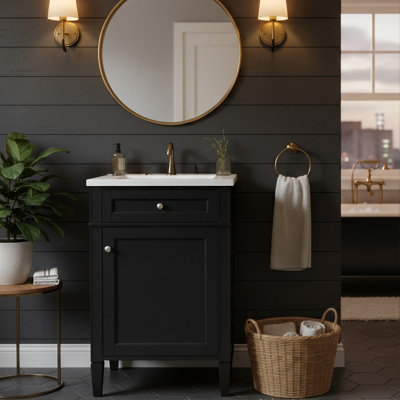 18-Inch Modern Compact Bathroom Vanity Set With Ceramic Basin, Freestanding Wood Cabinet With Fluted Detail And Soft Close Hinges