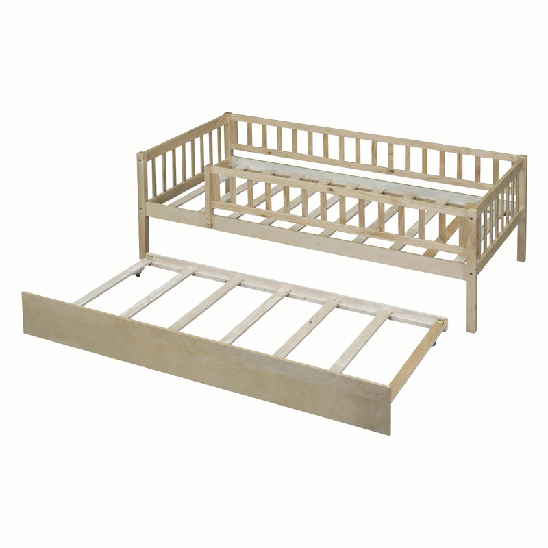 Lit de jour en bois avec couchette et garde-corps, Brun pâle, Simple