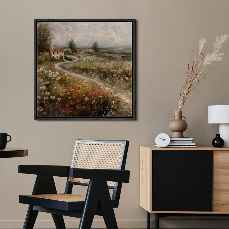 "Chemin de campagne rétro avec des illustrations de nature sauvage rustique", Noir, H 24 po x l 24 po