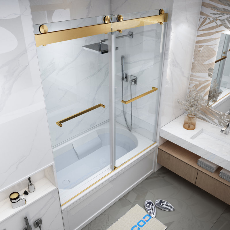 Porte de baignoire coulissante lisse sans cadre avec verre transparent de 3/8 po (10 mm) Opal Mirage MCOCOD l 60 po x H 66 po
