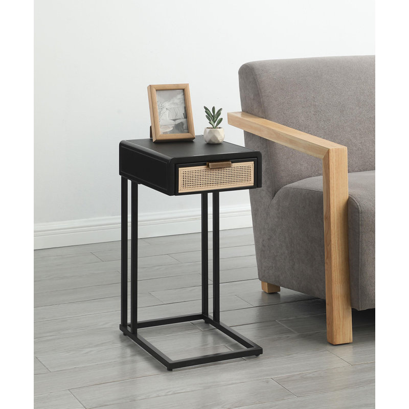 Bernave 1-Drawer Radio Weave Cane Metal Side Table, Black