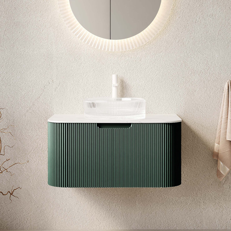 Meuble-lavabo à bords arrondis flottants avec cuve en cristal transparent et rangement en contreplaqué
