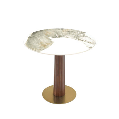 Modern 2 - Person Dining Table with Round Wooden Pedestal Leg & Gold Base for Small Space