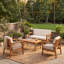 Ensembles de salle à manger de patio moderne, ensemble de fer en bois d'acacia 4 pièces, coussins beiges
