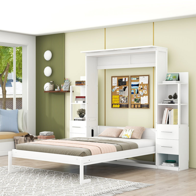 Lit escamotable 4 tiroirs avec tablettes et éclairage DEL, conception pliable peu encombrante, Full / Double, Blanc