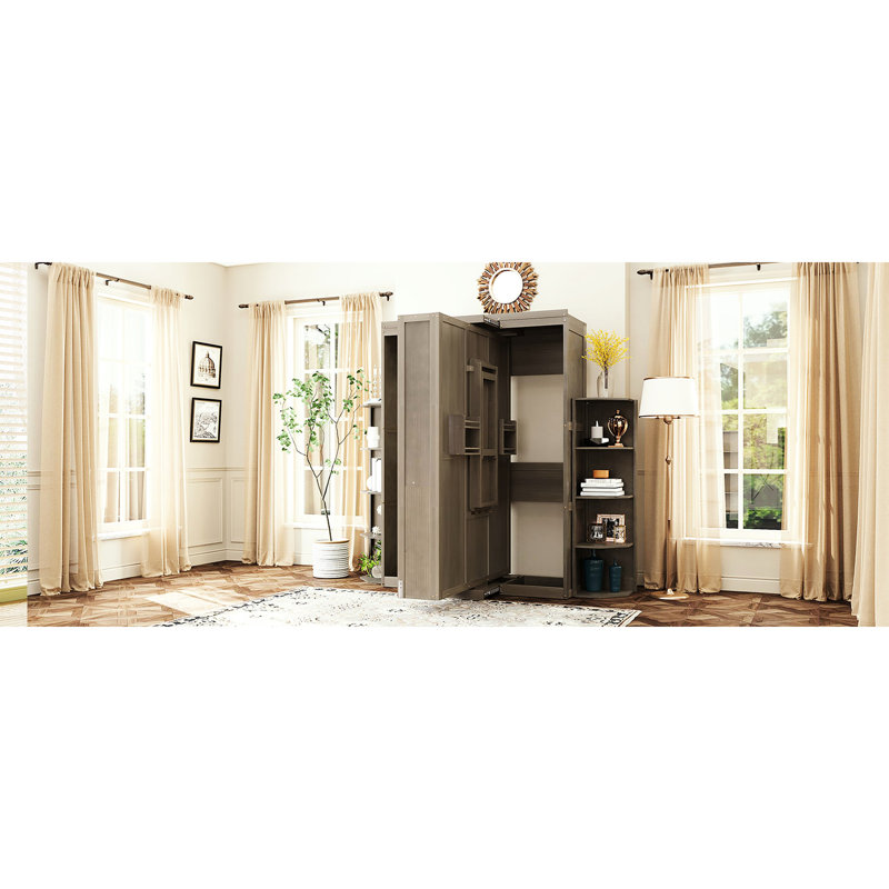 Grand lit pivotant 360 avec un design épuré, deux tablettes et un espace de travail convertible, pour un bureau à domicile multifonctionnel, un espace de travail caché gris à 3 niveaux, de petits espaces,