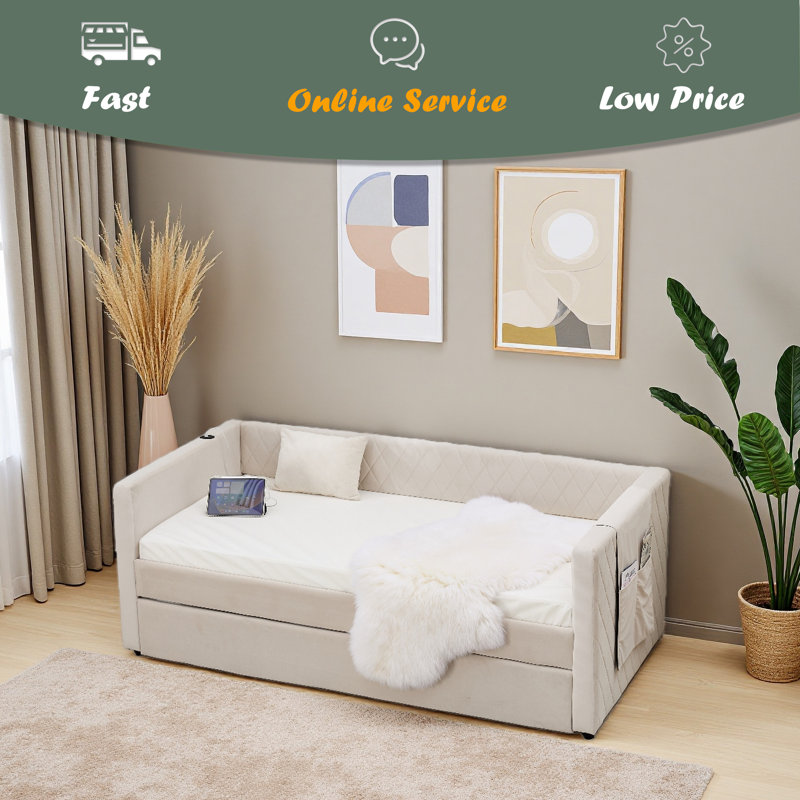Velvet Daybed, Sturdy Wooden Bed Frame, Modern Diamond Grid Pull-Out Design, Perfect For Bedroom, Living Room Furniture