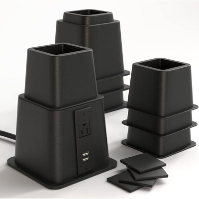 Home Intuition Heavy Duty Adjustable Bed Risers Furniture Riser 3, 5 or 8-Inch, 4 Pack (Black W/USB)