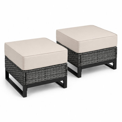 Ensemble de 2 tabourets de jardin d'extérieur en osier avec repose-pieds et coussins beiges en PE