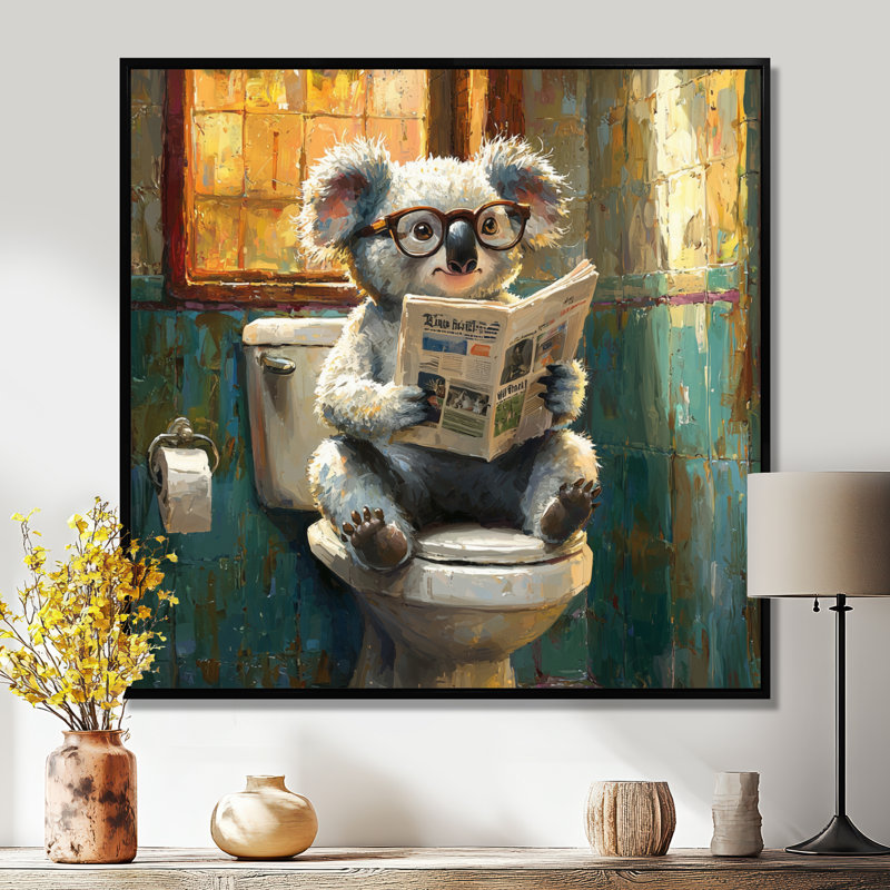 Kenshin Koala avec des lunettes dans la toilette I - koala, art mural, Impression encadrée flottante, Noir, noir, noir, noir