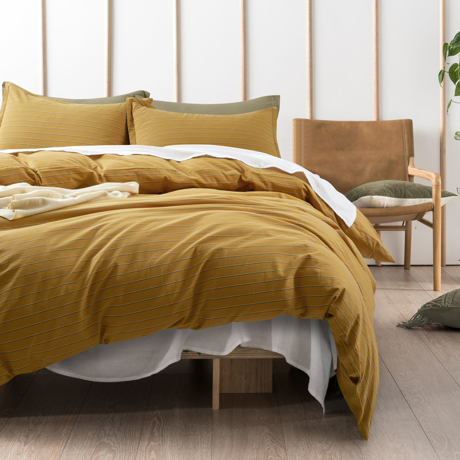 Dione Cotton Percale Duvet Cover Set, King Duvet Cover + 2 King Shams, Mustard Yellow