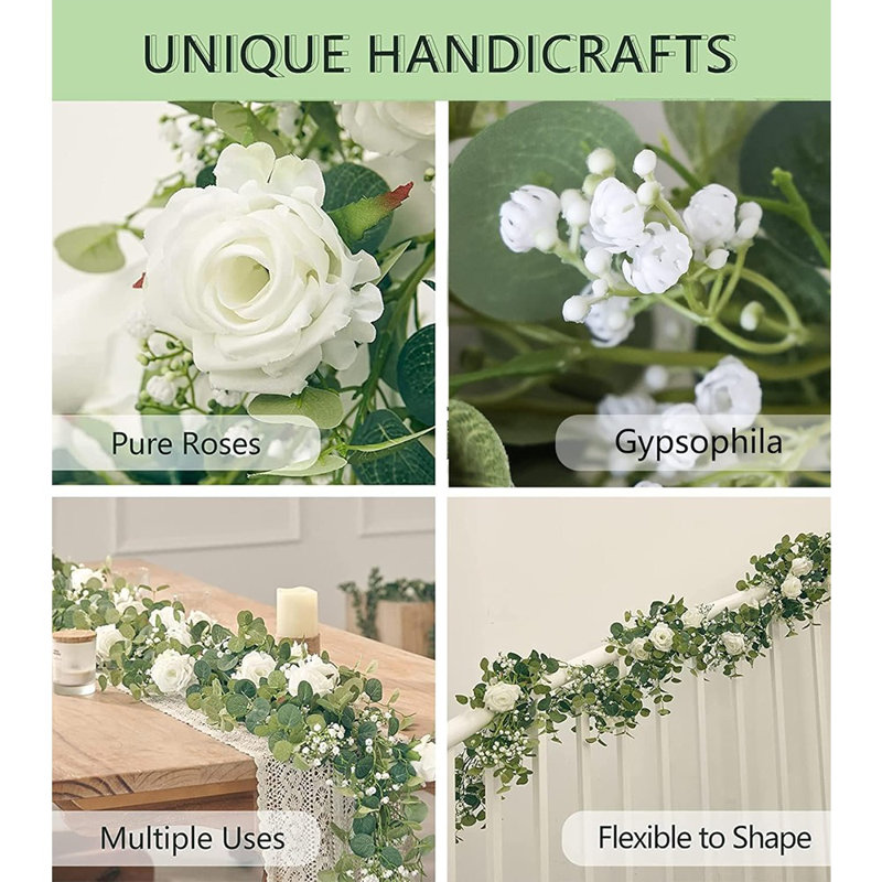 Guirlande eucalyptus et fleurs - Vert / multicolore - Faux rose et gypsophile, mariage printanier et décoration de table de fête