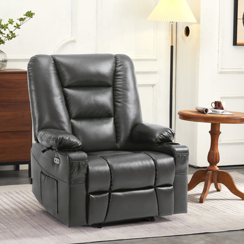 Ellamae Wide Power Recliner Lift Chair with Massage and Heat, Faux Leather, Dark Gray Faux Leather