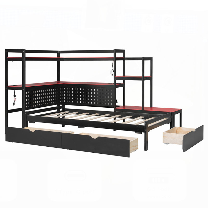 Lit de jour de jeu avec bureau intégré et lumière DEL, base de lit en bois moderne avec station de rangement et de charge