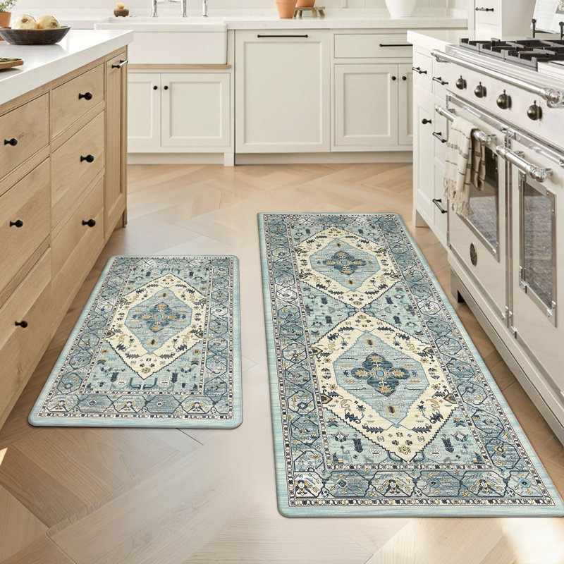 Elainey Anti-Fatigue Non-Skid Waterproof Kitchen Mat (Set of 2), Runner 17" x 28" + 17" x 48", Red/Navy
