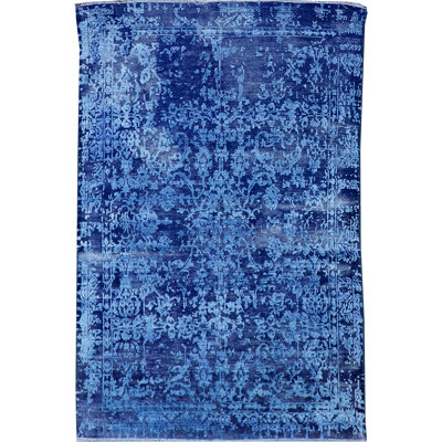 Tapis bleu foncé et turquoise noué à la main de haute qualité