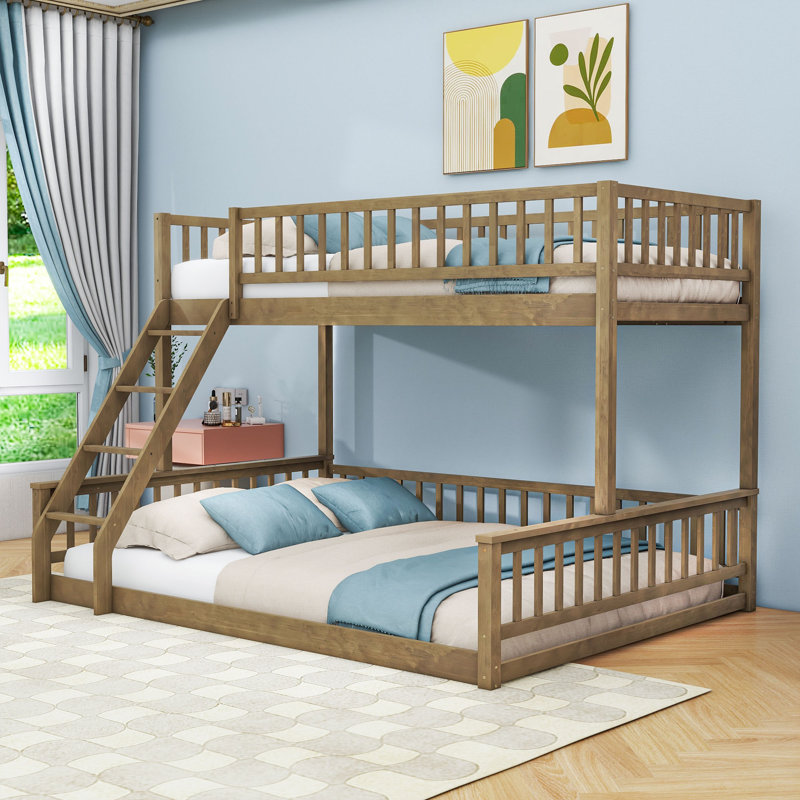 Wood Bunk Bed With Ladder And Slats, Walnut, Twin XL Over Queen