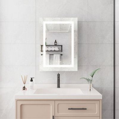 Armoire à pharmacie 20 po x 28 po avec miroir à fixation murale à DEL avec lumières, antibuée, imperméable, à intensité variable, 3000 K à 6000 K, porte simple, interrupteur tactile, tablettes de rangement