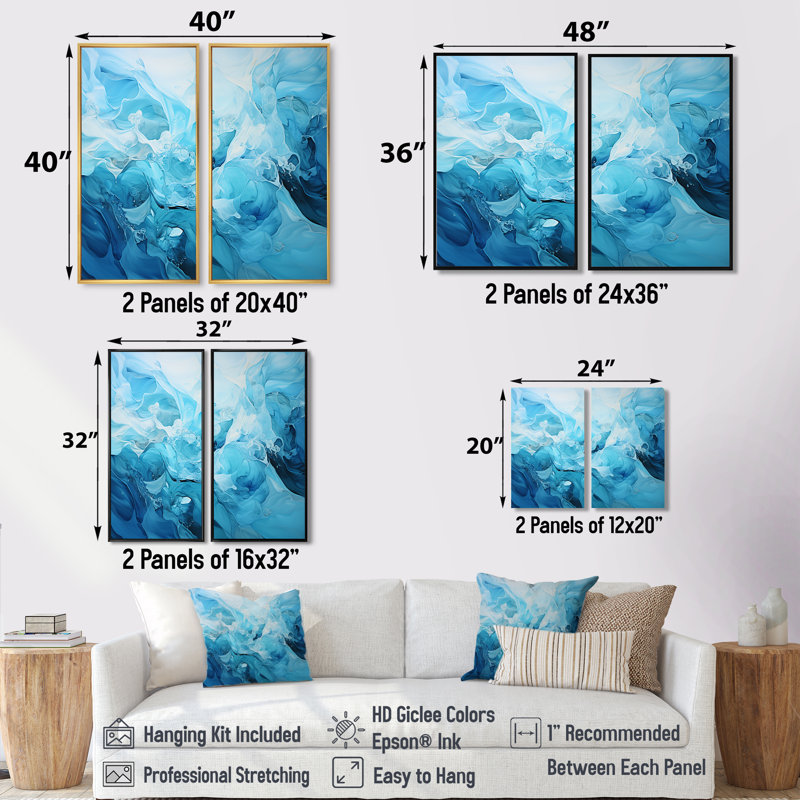 Oceanic Rhapsody I - art mural moderne bleu sarcelle 2 panneaux, H 36 po x l 48 po, Impression encadrée flottante, Noir