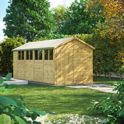 Powersheds 18 x 8ft Premium Pressure Treated Timber Apex Garden Shed, Double Doors