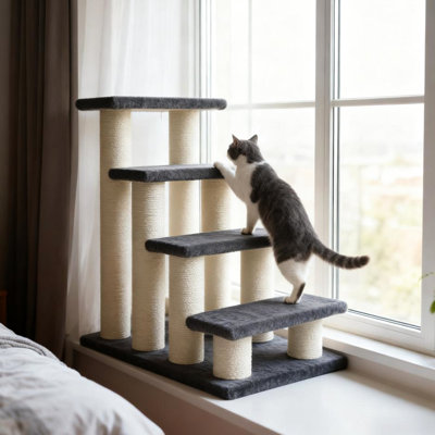 Arbre à chat avec 4 marches pour canapé-lit haut, joli arbre à chat en forme d'escalier pour chats d'intérieur ou chiens avec grattoir en sisal, escalade, jeu