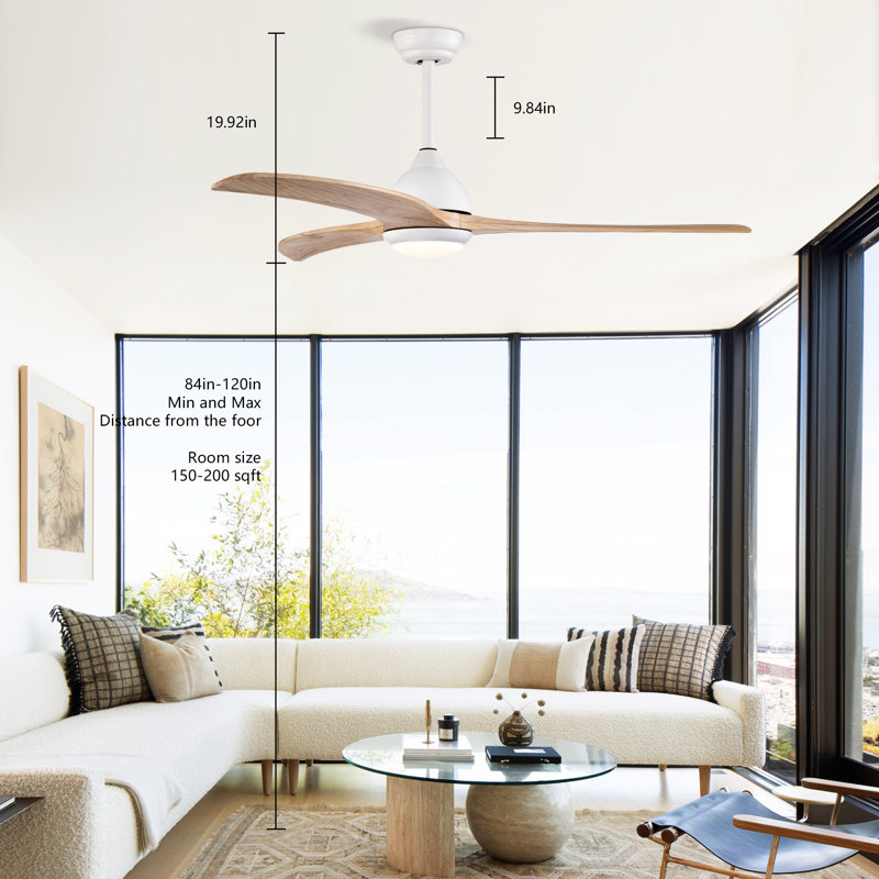 52'' 3 - Blade Wood Ceiling Fans with 3 Color Lights Remote Control and 6 Speed Levels, White, Light Brown Wood
