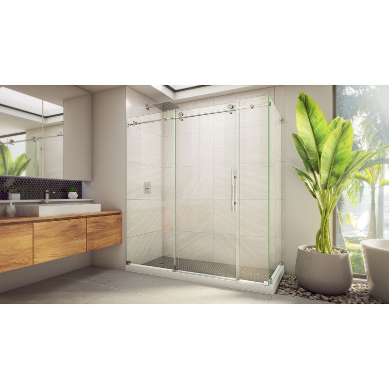 72.38" W x 32.5" D x 76" H Frameless Rectangle Sliding Shower Enclosure, Polished Stainless Steel