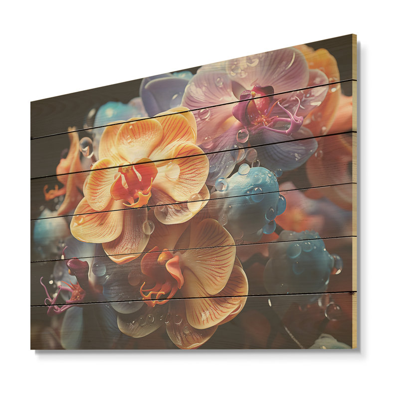 Joyeuse abstraction - art orchidées sur bois de pin naturel, H 10 po x l 20 po
