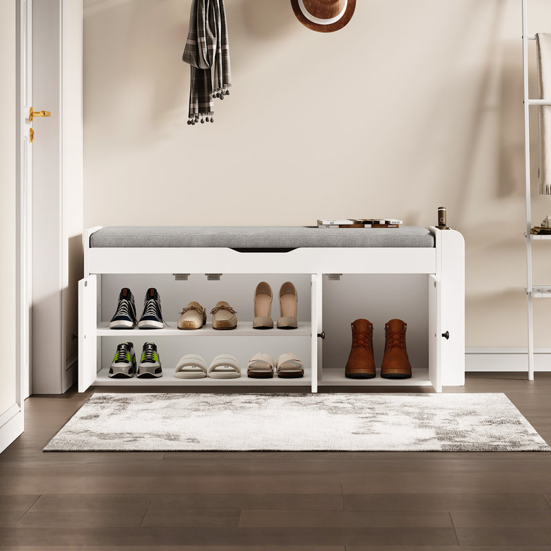 42.6" Modern Farmhouse Storage Bench With Cushion, Upholstered Shoe Bench With Shelf For Entryway, Mudroom, Hallway, White