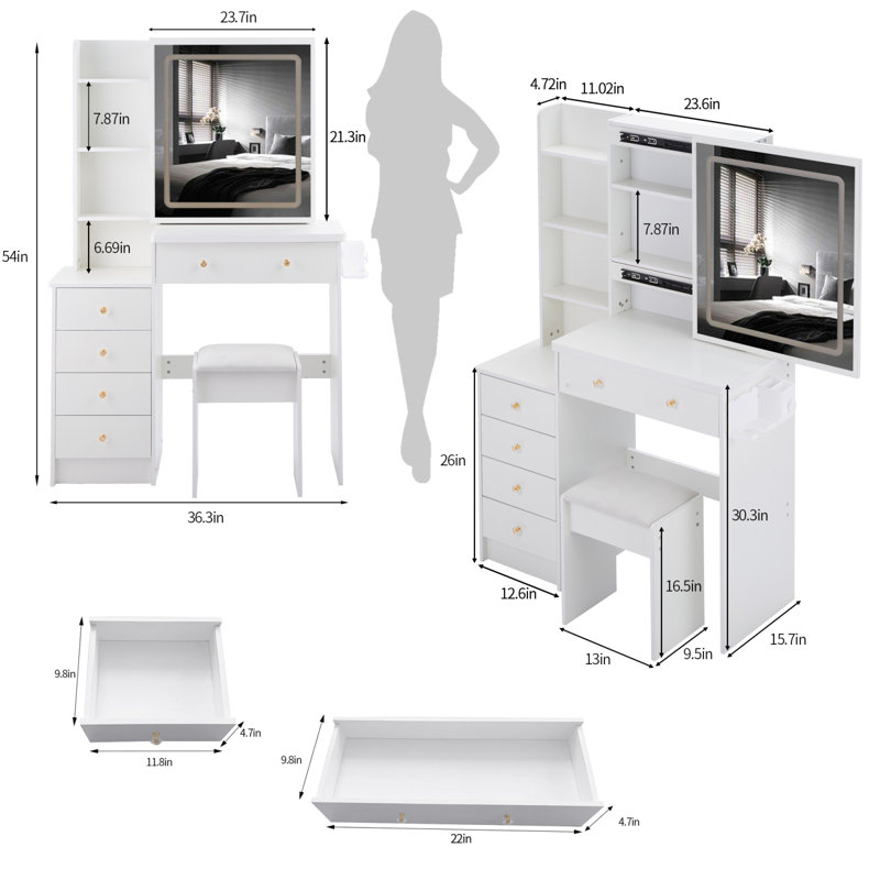 54" H Makeup Vanity Table With Cushioned Stool