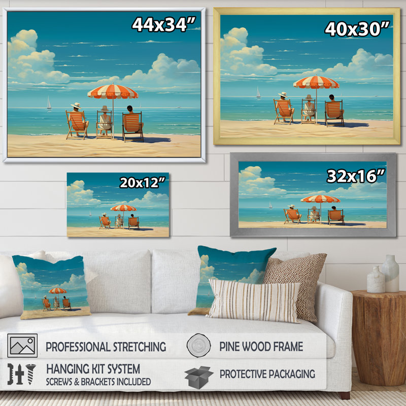 Phan " Retro Orange Beach Chairs With Parasol Blue Sky ", Black Single Picture Framed, 30" H x 40" W x 1.5" D