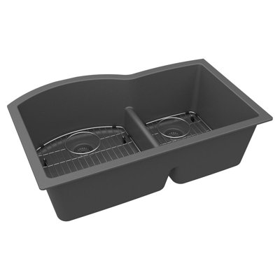 Quartz Classic 33" x 22" x 10", Offset 60/40 Double Bowl Undermount Sink Kit Aqua Divide Graphite