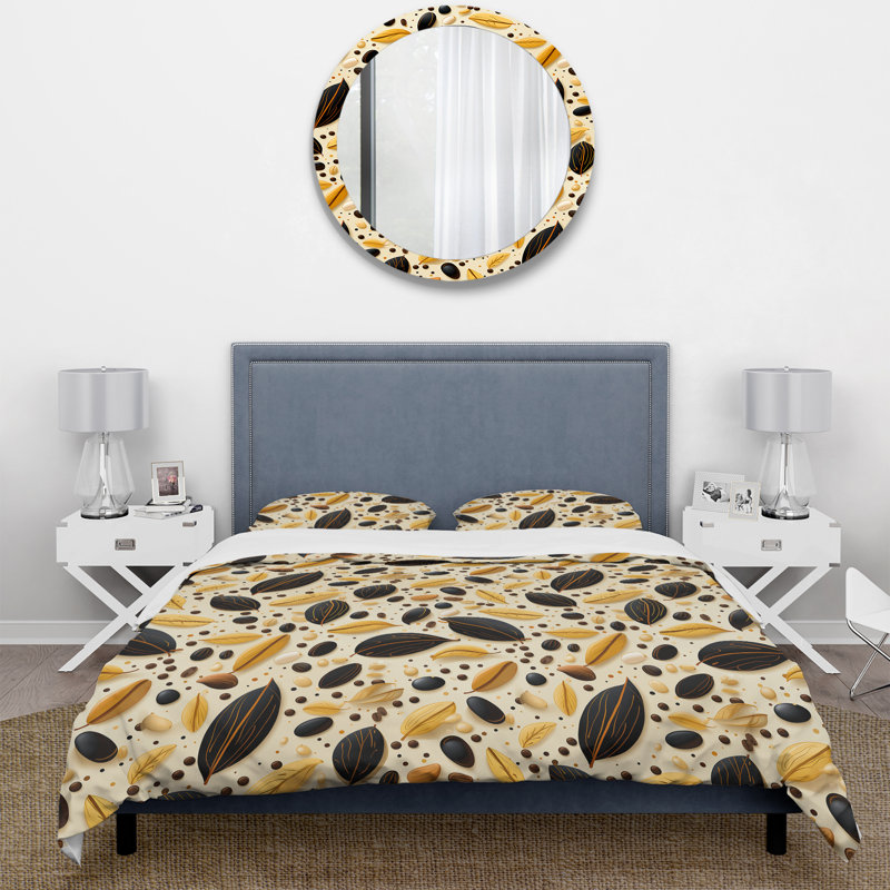 Ensemble de housse de couette motif botanique crème et café II, Housse de couette pour très grand lit et 2 très