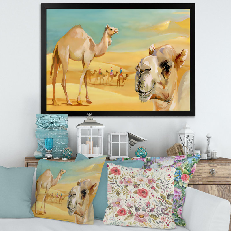 Chameaux dans le désert - Peinture sur toile, H 16 po x l 32 po x P 1,5 po, Toile avec cadre noir