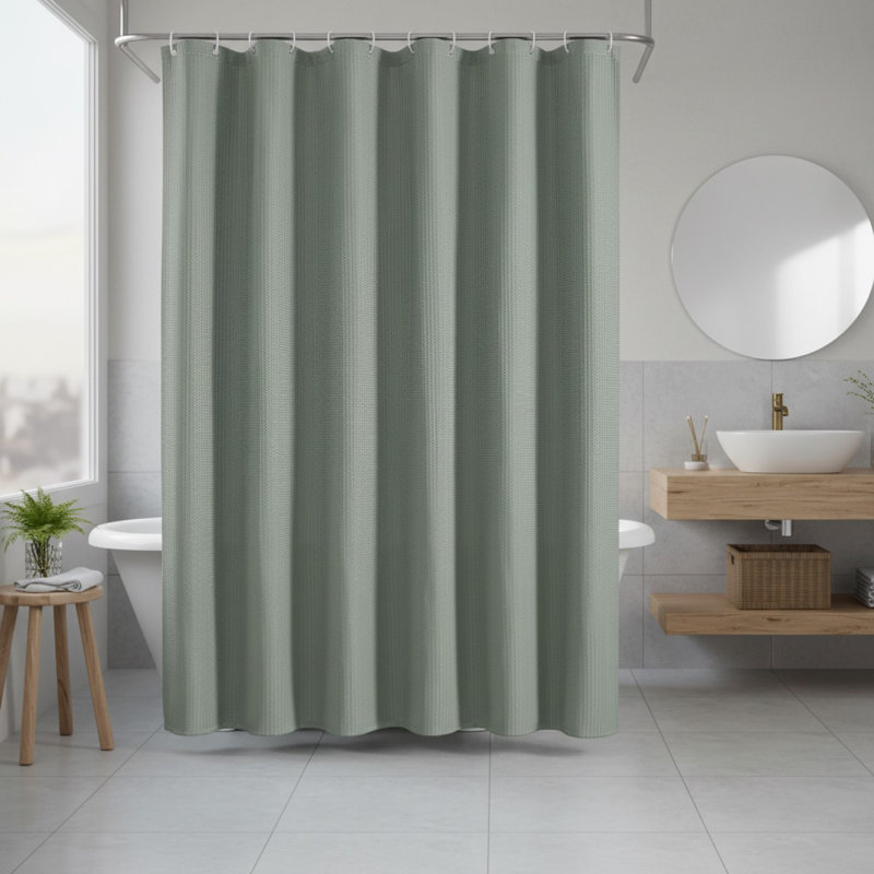 Sage Green Shower Curtain Set Waffle Textured Heavy Duty Fabric Luxury Hotel Weighted 230GSM Bath Curtain With 12 Plastic Hooks Machine Washable 72X72